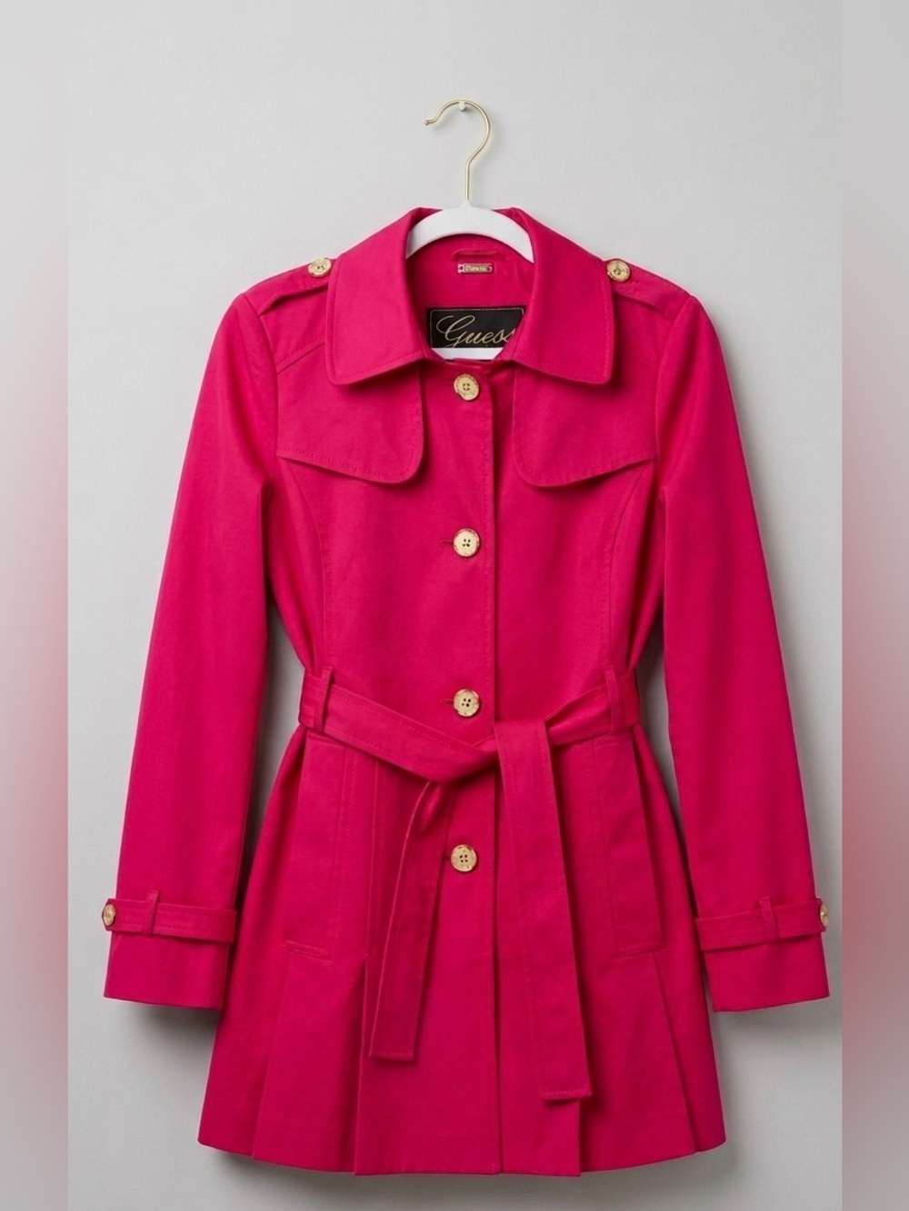Y2K GUESS Hot Pink Pleated Statement Trench Coat w/ Belt - Size Small